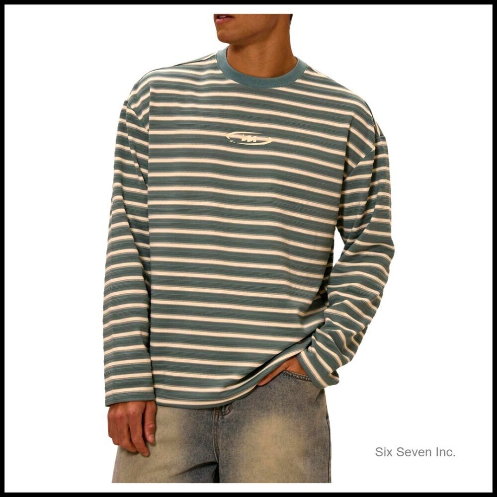 Striped Slogan Print Long Sleeve Tee Casual Oversized Crew Neck Top